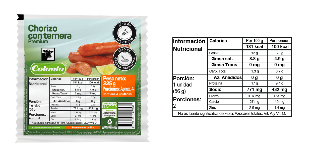 Chorizo con Ternera - 225 gramos - Tabla nutricional