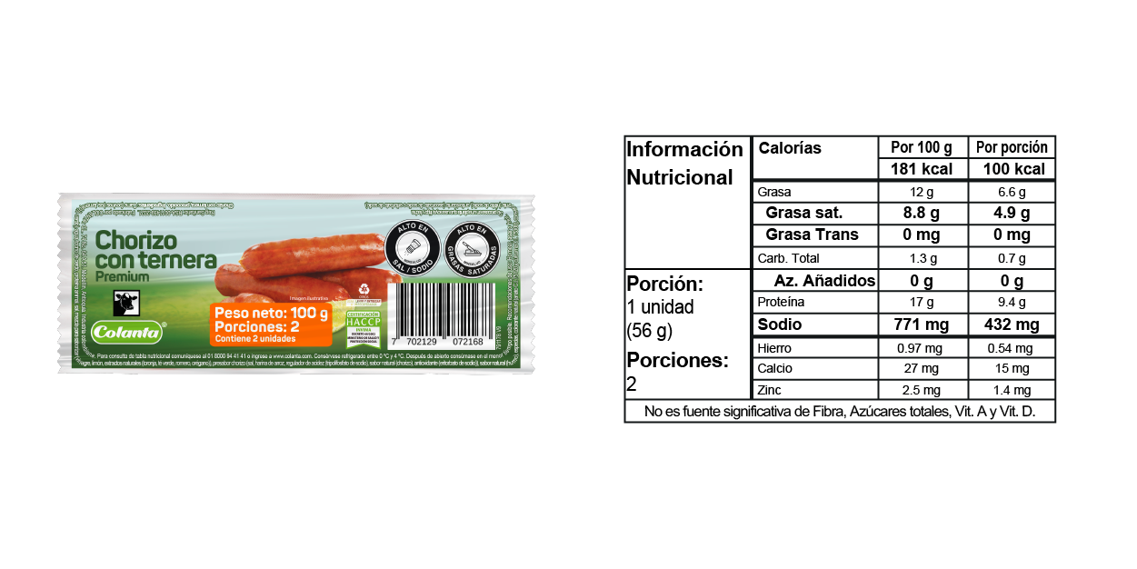 Chorizo con ternera 100 gramos - Tabla Nutricional