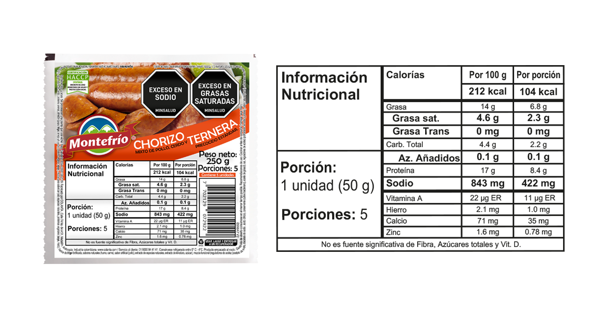 Chorizo ternera 250g MONTE INFORMACION NUTRICIONAL