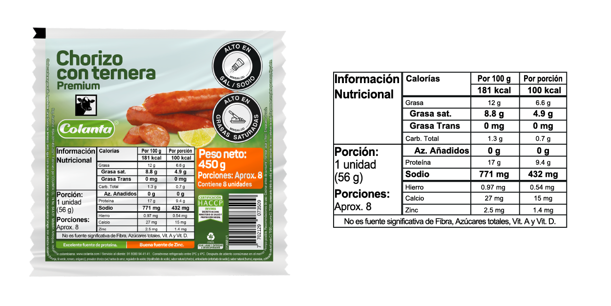 Chorizo tipo coctel - 450 gramos - Tabla Nutricional