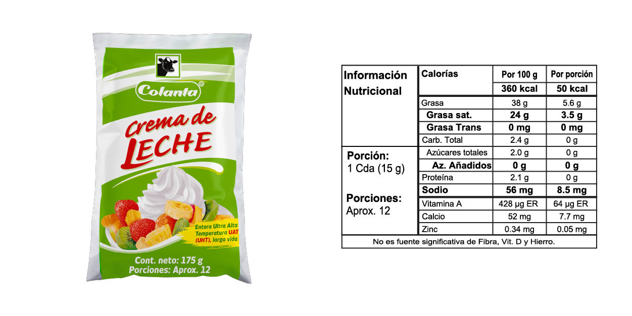 Crema de Leche 175 gramos - Tabla Nutricional