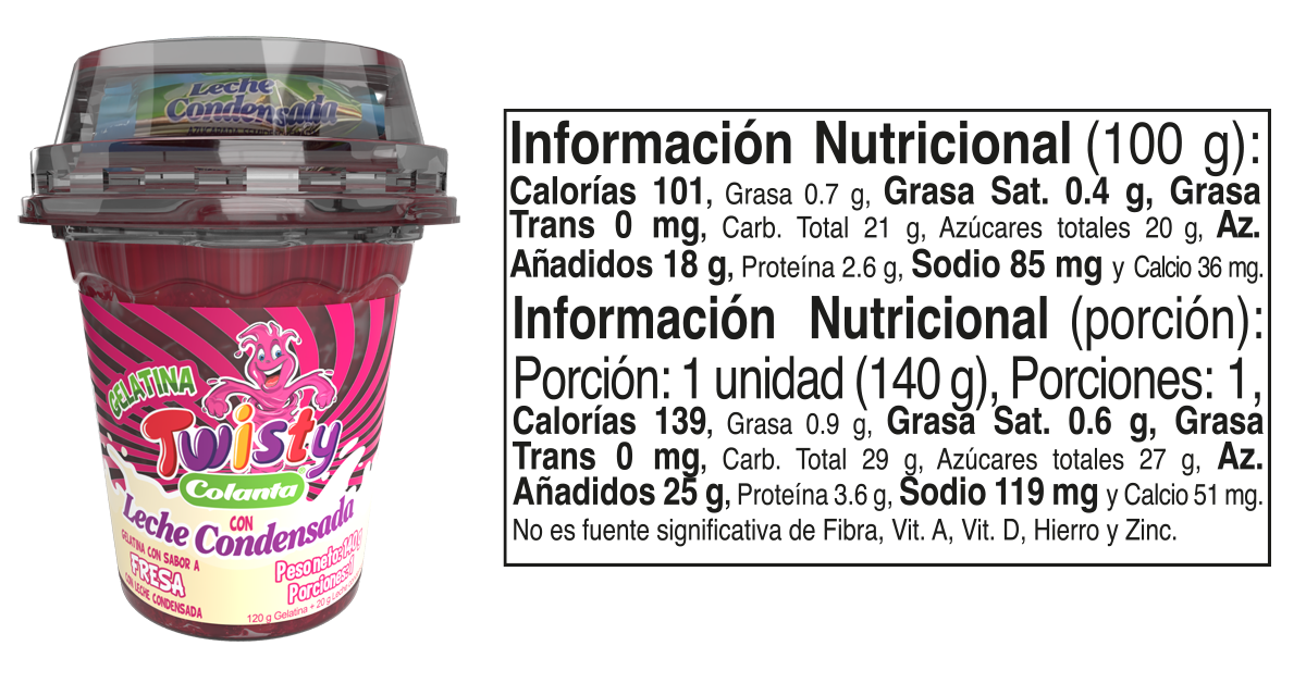Gelatina twisty fresa 120 mas leche condensada informacion nutricional