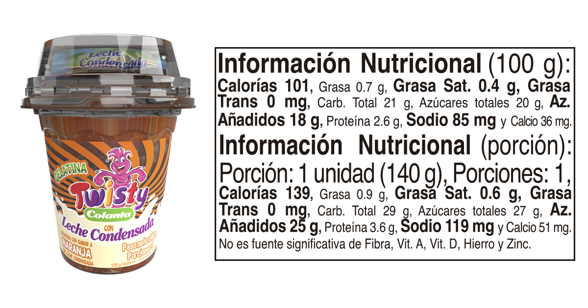 Gelatina twisty naranja 120 mas leche condensada informacion nutricional