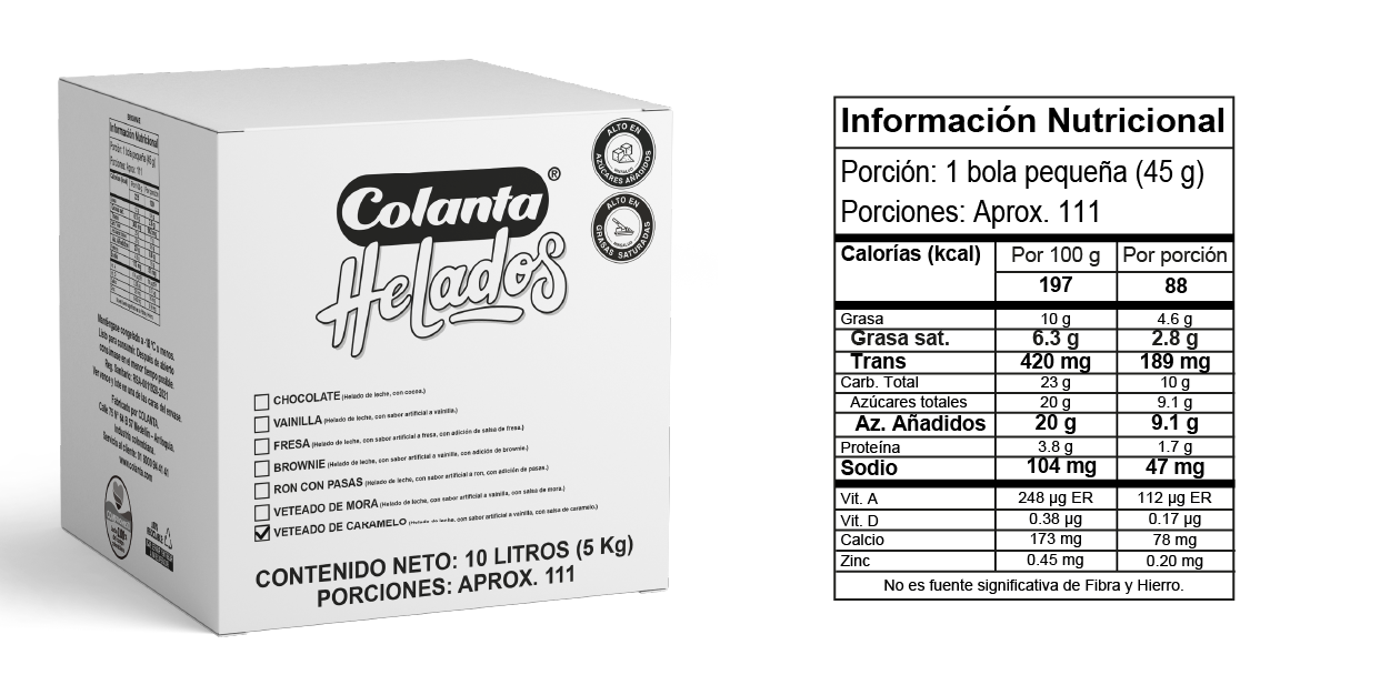 Helado Veteado de Caramelo - Caja 10 litros - Tabla Nutricional