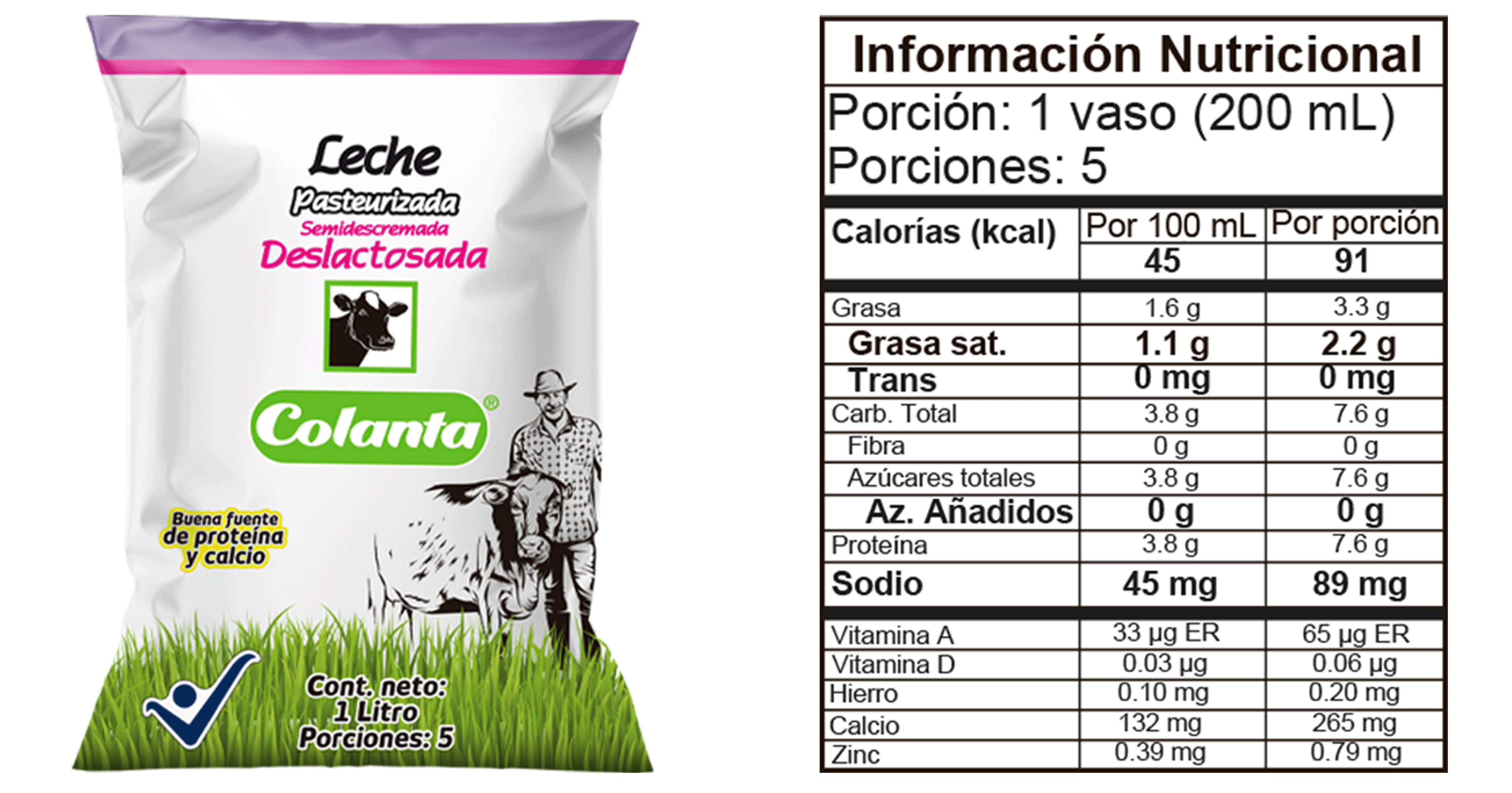 Leche Pasteurizada semid deslac 1 litro informacion nutricional
