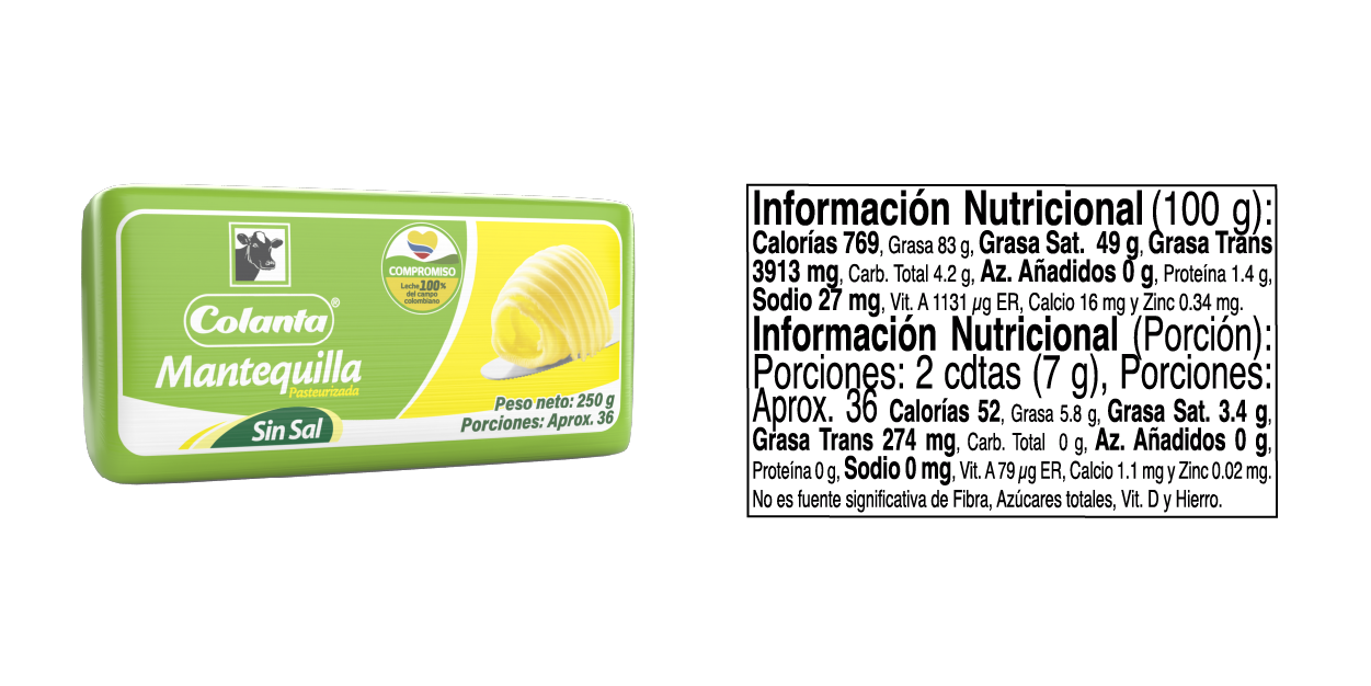 Mantequilla Pasteurizada sin Sal - Tabla Nutricional