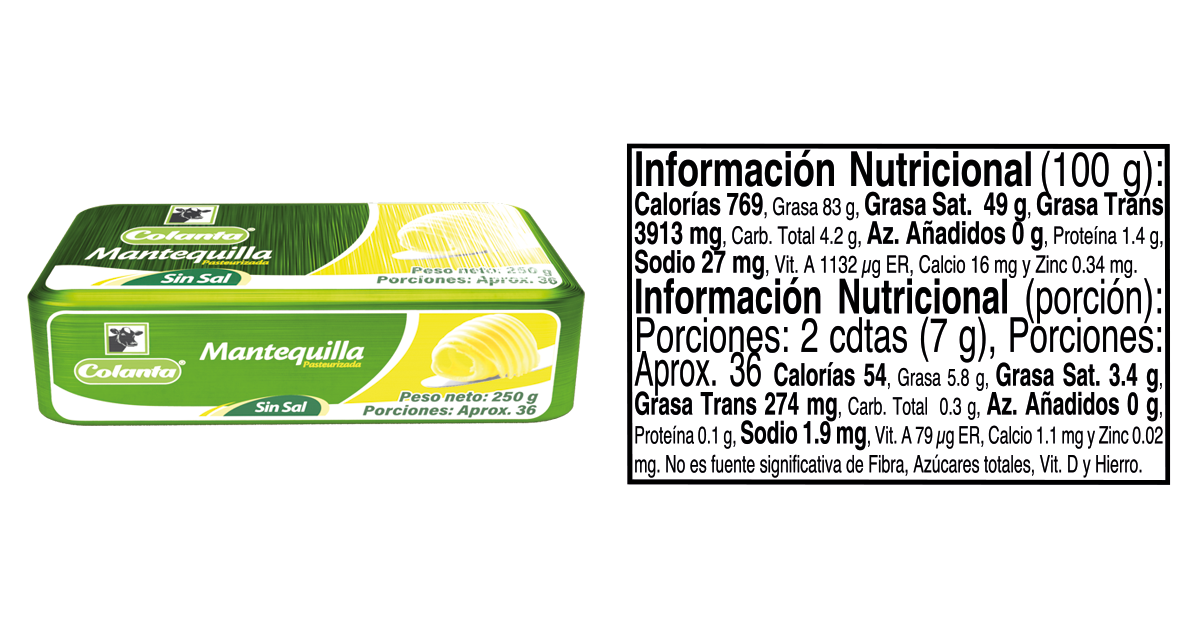 Mantequilla sin sal 250 informacion nutricional