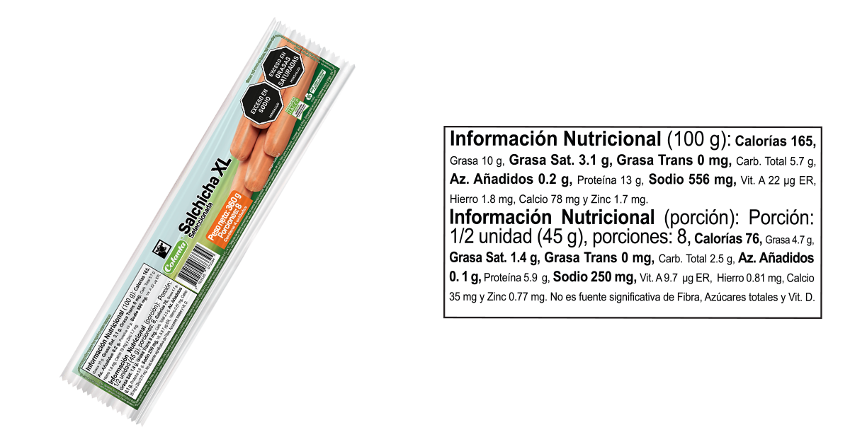 Salchicha XL 360 g informacion nutricional