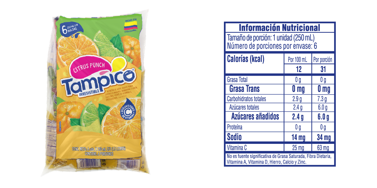 Tampico Bolsa 250 ml x 6 - Tabla Nutricional