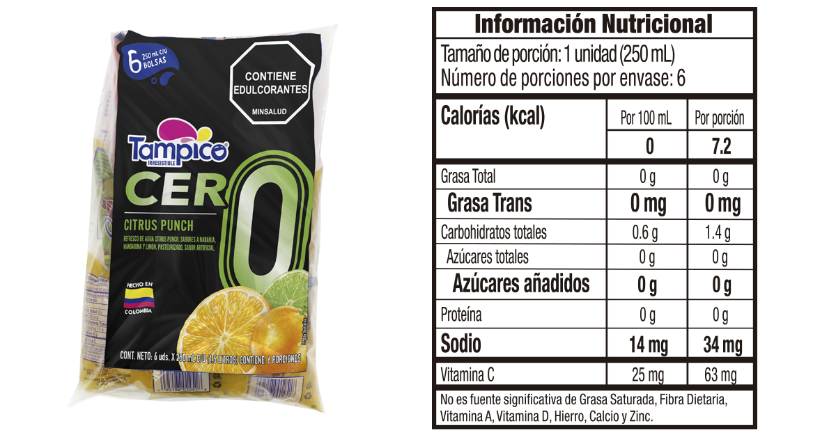 Tampico CERO bolsa 250ml x 6 informacion nutricional