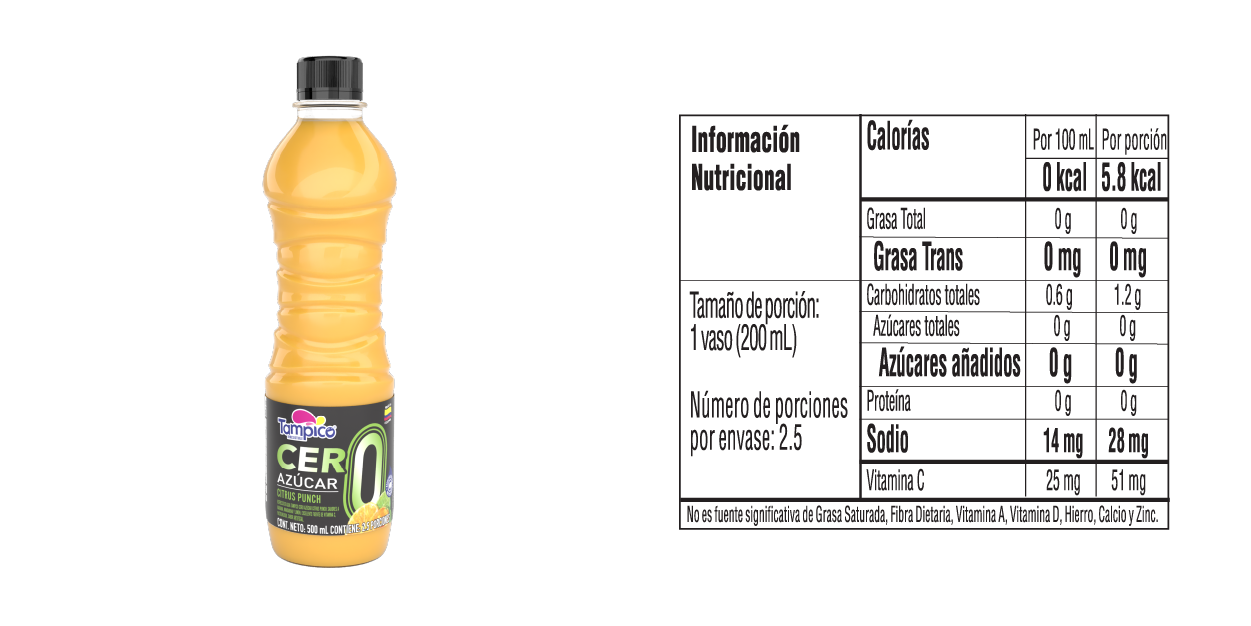 Tampico Citrus Cero 500 ml - Tabla Nutricional