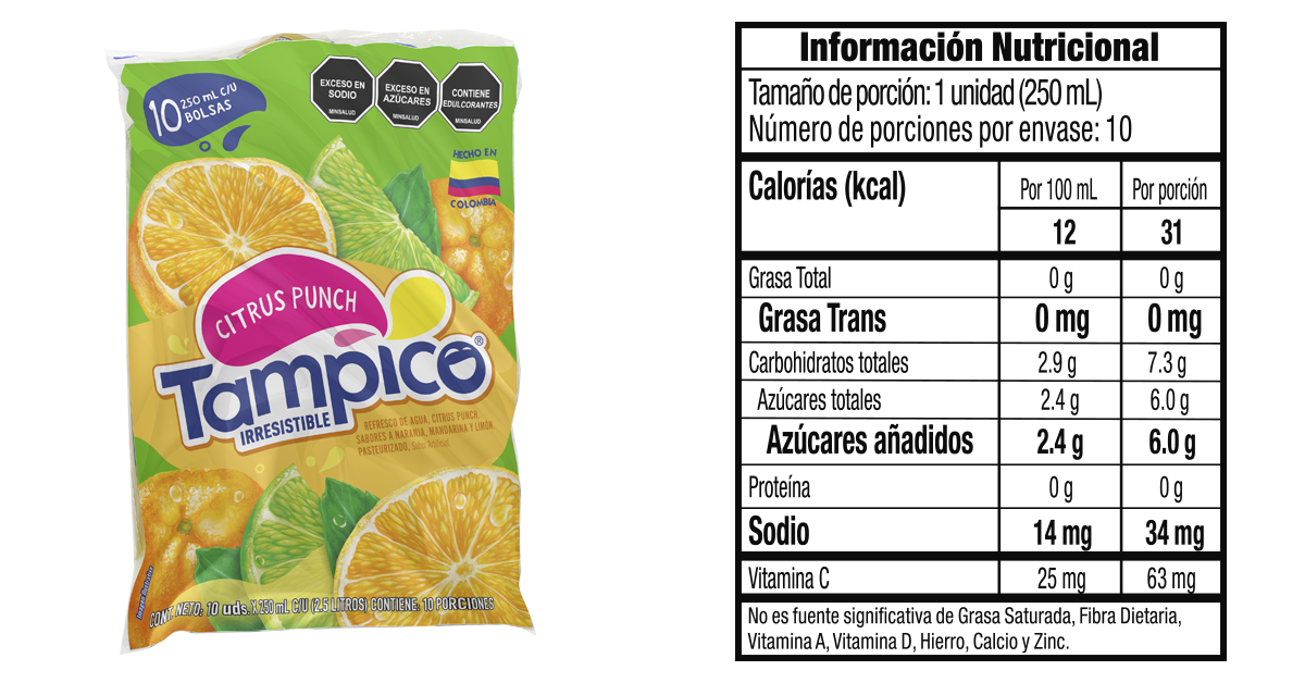Tampico bolsa 250ml x 10 informacion nutricional
