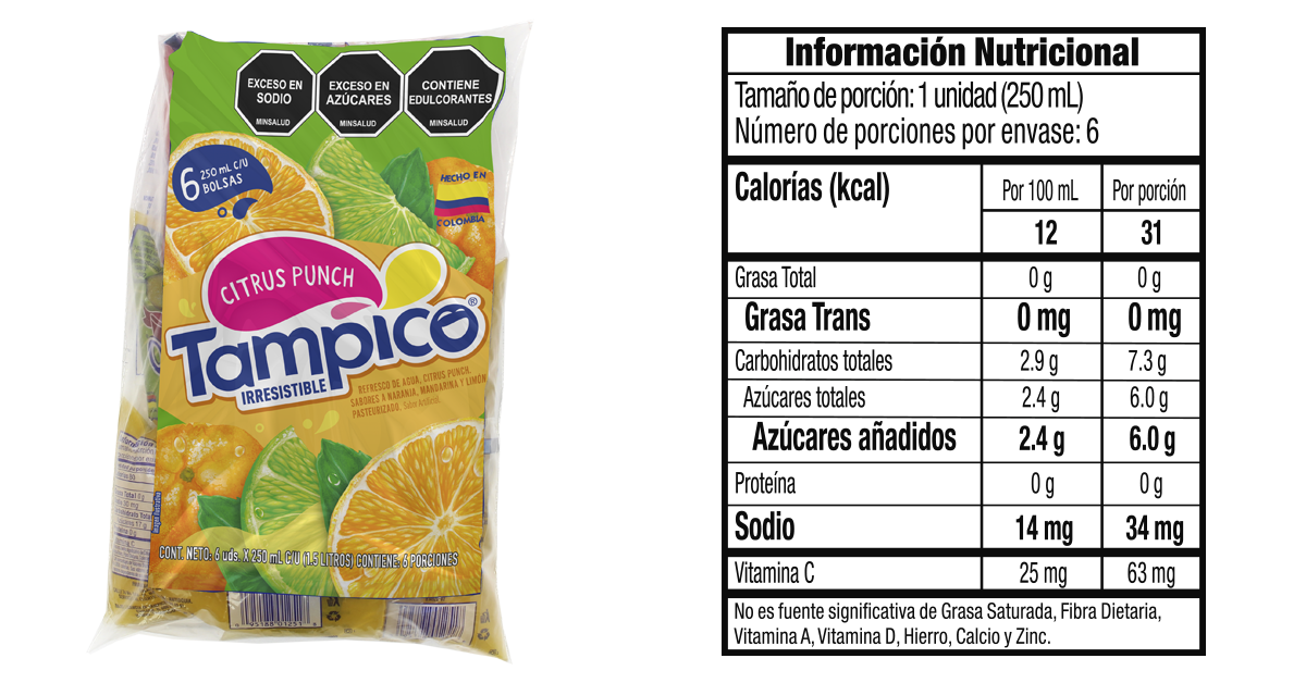 Tampico bolsa 250ml x 6 informacion nutricional