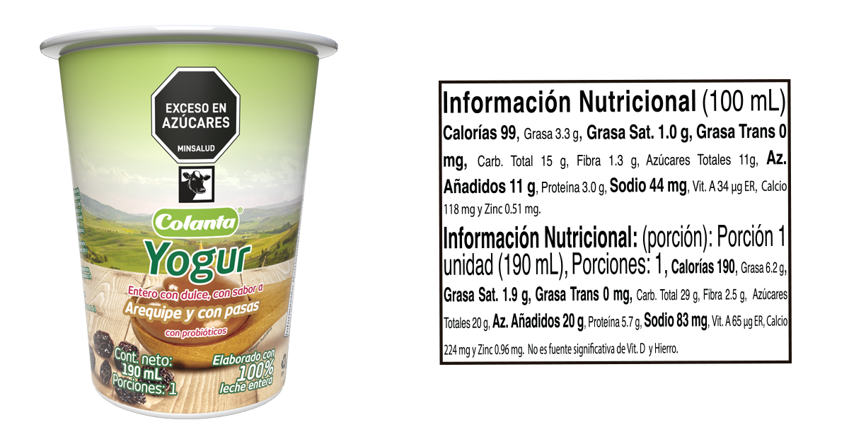 Vaso yogur arequipe 190 ml informacion nutricional