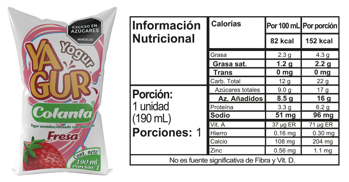 Yagur fresa 190 bolsa informacion nutricional