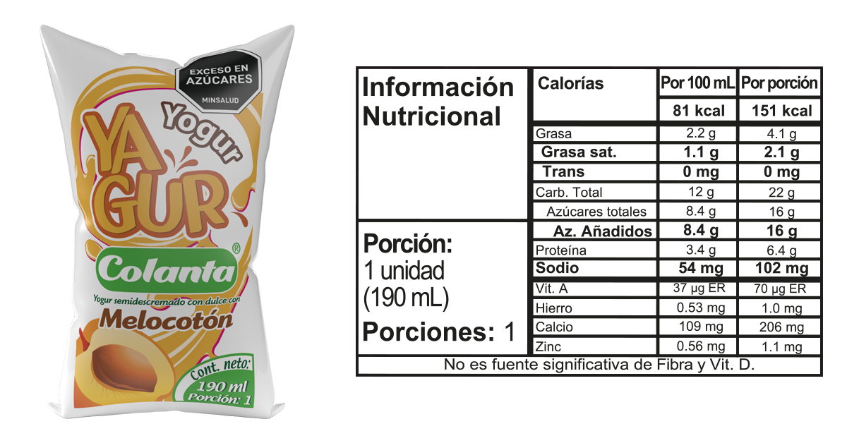 Yagur melocoton 190 bolsa informacion nutricional