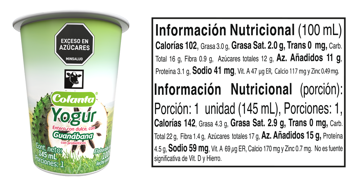 Yogur 145 guanabana ml informacion nutricional
