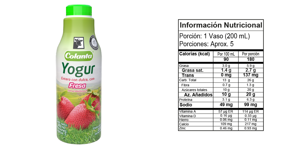 Yogur Entero Fresa 960 g - Tabla Nutricional