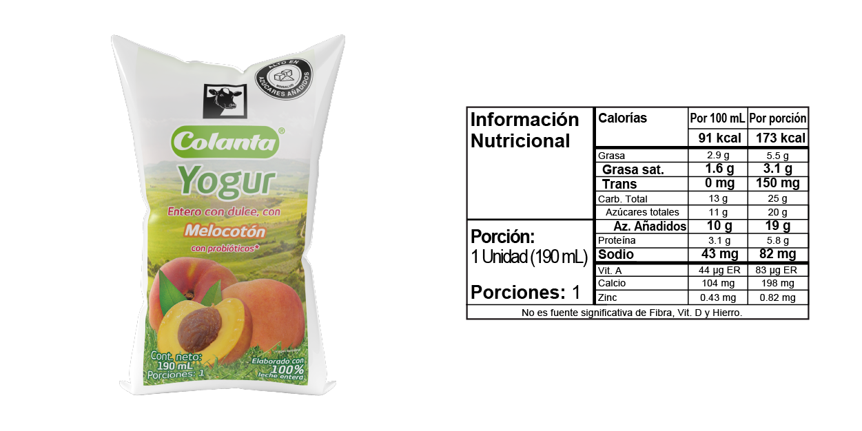 Yogur Entero Melocotón Bolsa - Tabla nutricional