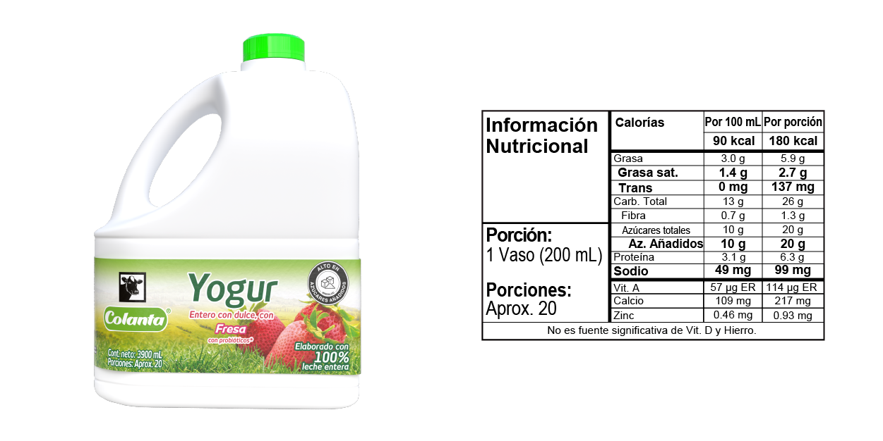 Yogur Entero de Fresa 3900 gramos - Tabla Nutricional