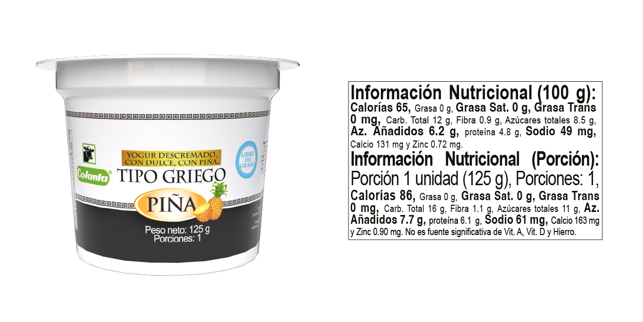 Yogur Griego de Piña - Tabla Nutricional