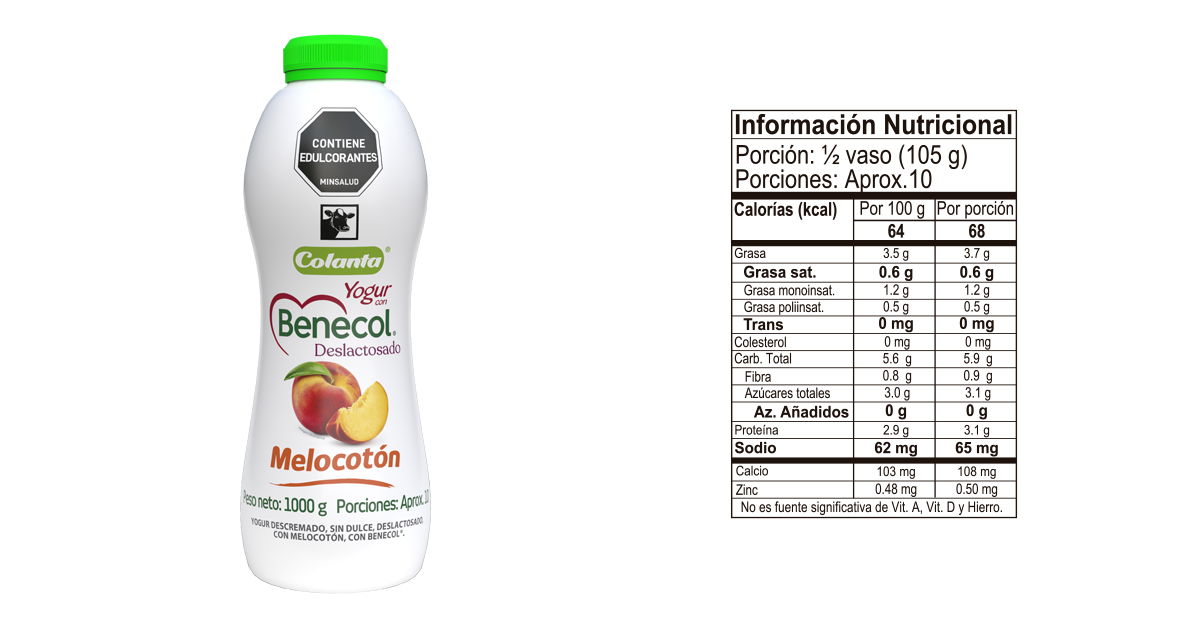 Yogur benecol melocoton 1000 g informacion nutricional