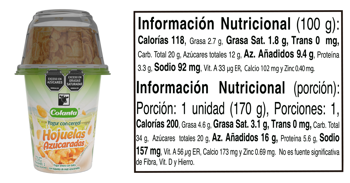 Yogur con cereal hojuelas 170 informacion nutricional