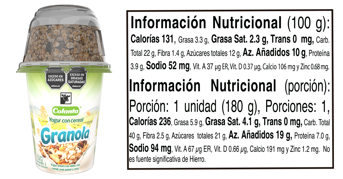 Yogur con granola 170 informacion nutricional