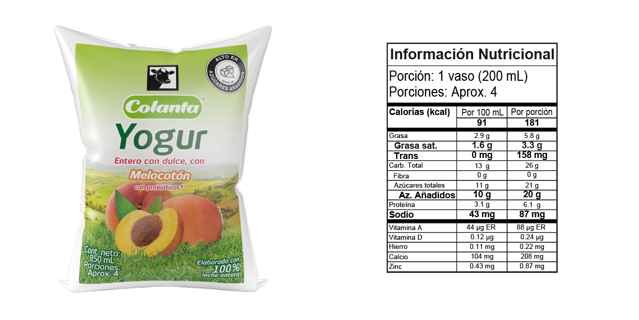 Yogur de Melocotón 850 gramos - Tabla Nutricional