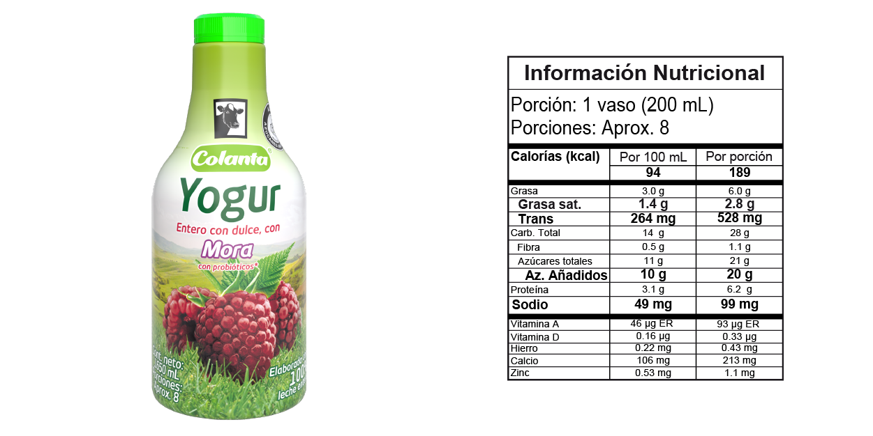 Yogur de Mora 1650 gramos - Tabla Nutricional
