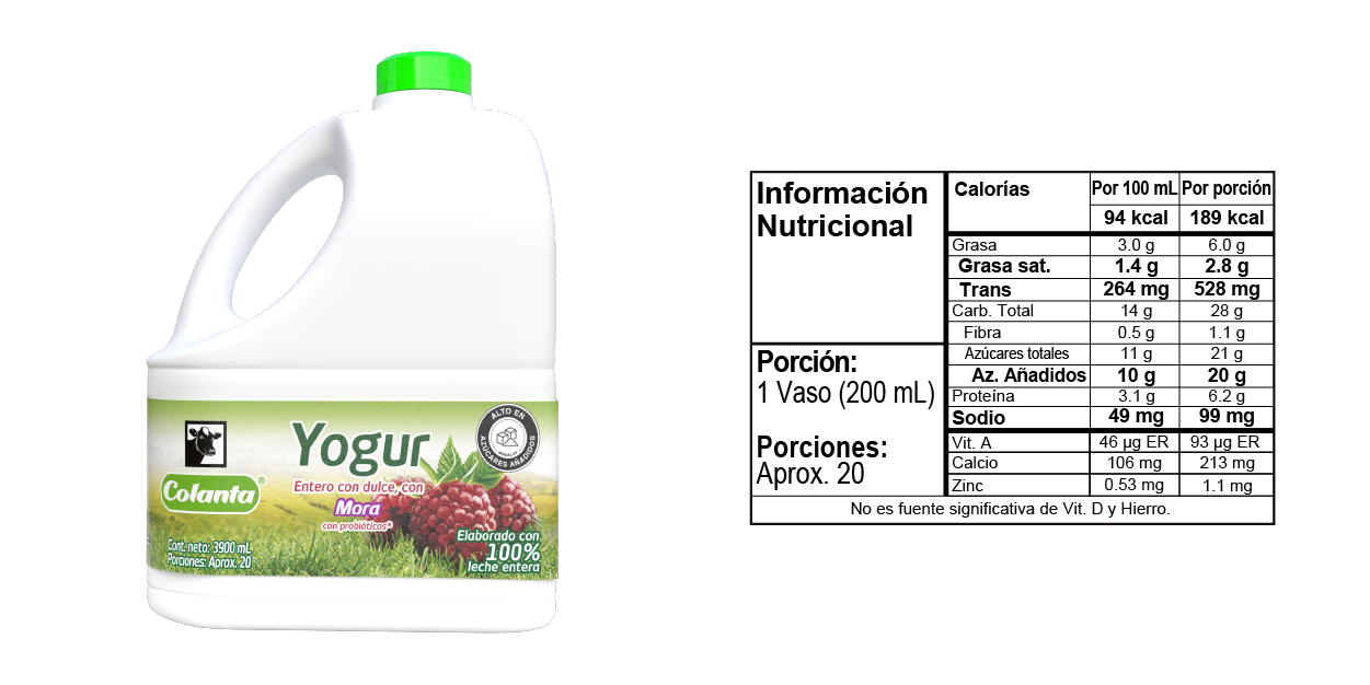 Yogur de Mora - Garrafa 3900 gramos - Tabla Nutricional