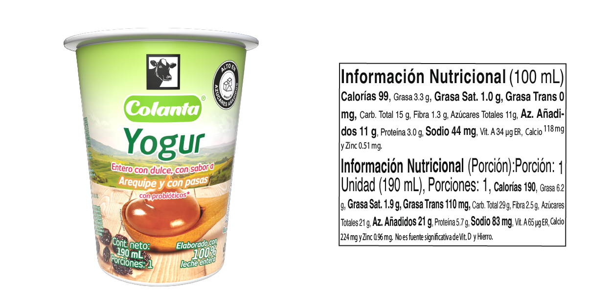 Yogur entero Arequipe con Pasas - Tabla Nutricional