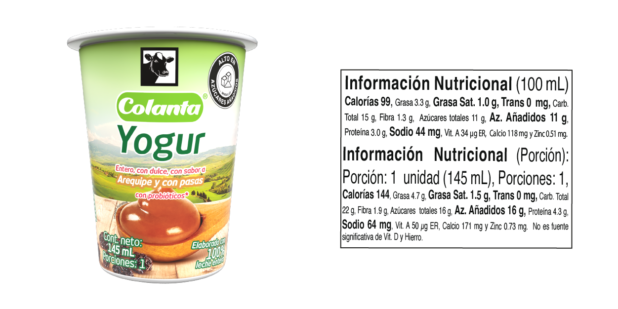Yogur entero arequipe con pasas - Tabla nutricional