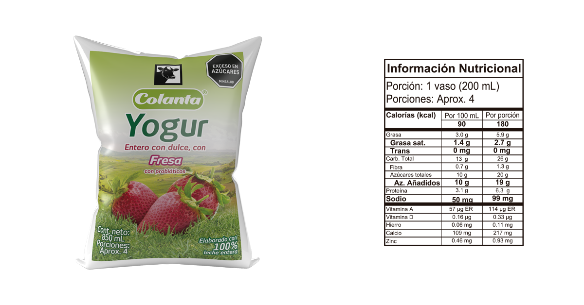 Yogur entero fresa 850 bolsa informacion nutricional