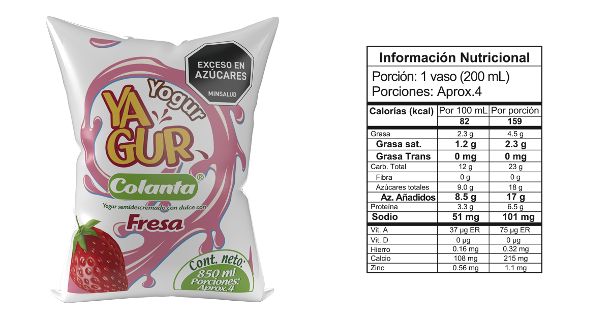 Yogur entero fresa 850 bolsa informacion nutricional
