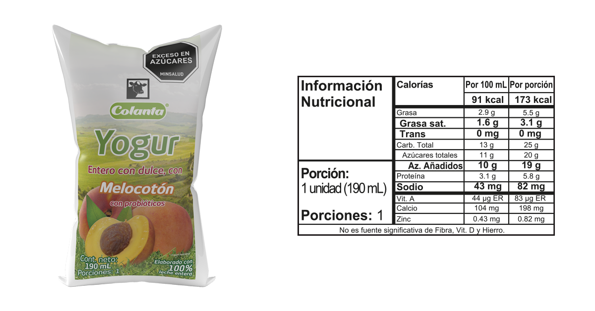 Yogur entero melocoton 190 bolsa informacion nutricional