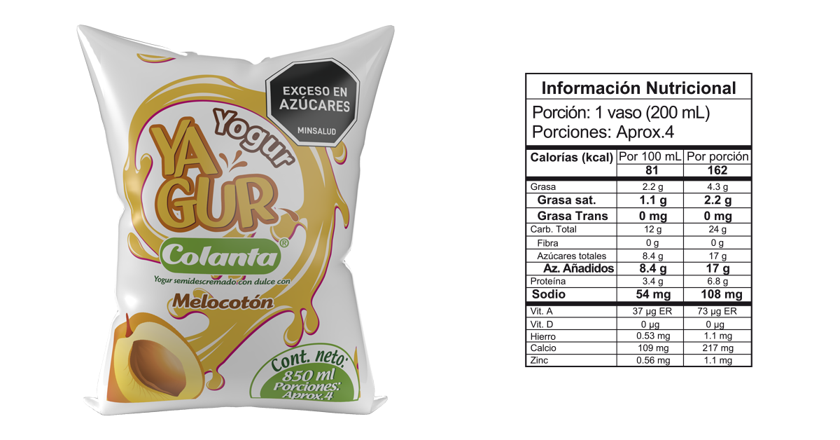 Yogur entero melocoton 850 bolsa informacion nutricional