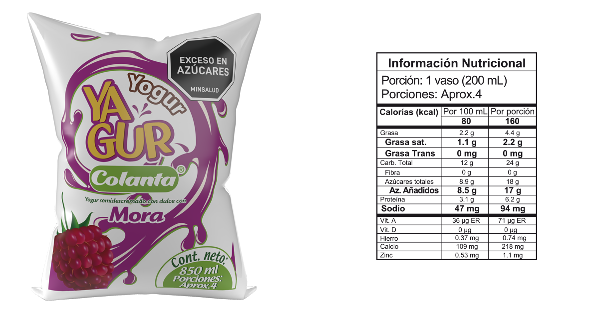 Yogur entero mora 850 bolsa informacion nutricional