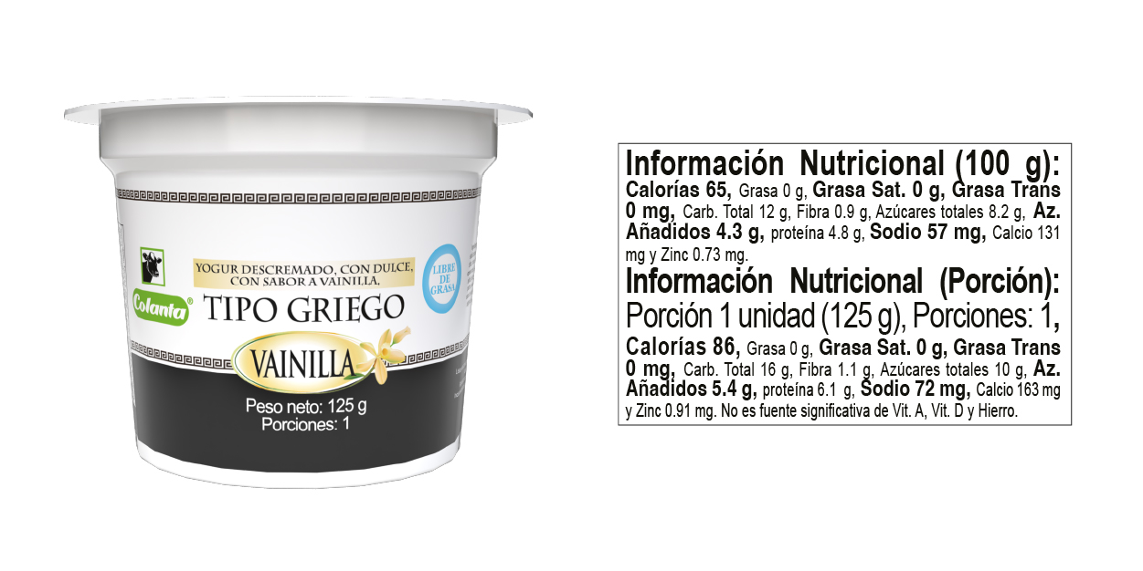 Yogur griego de Vainilla - Tabla Nutricional