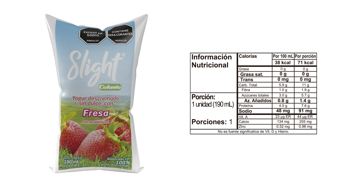 Yogur slight fresa 190 bolsa informacion nutricional
