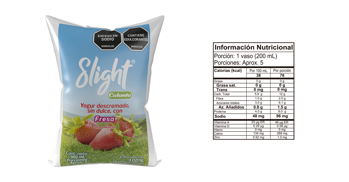 Yogur slight fresa 960 bolsa informacion nutricional