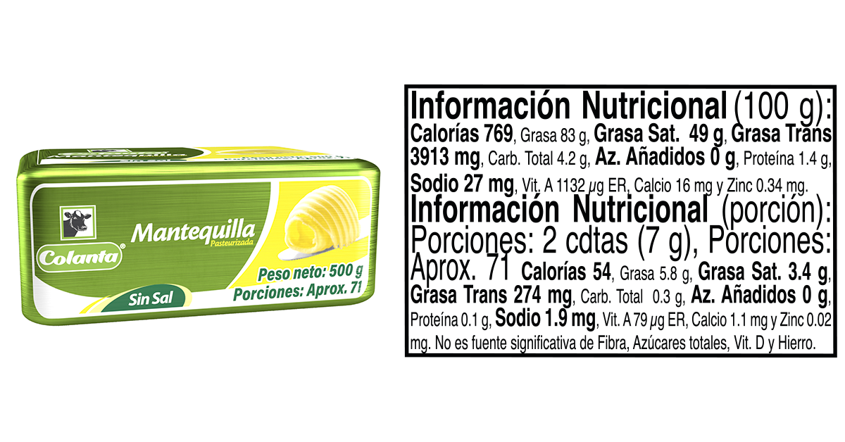 mantequilla sin sal 500 g informacion nutricional