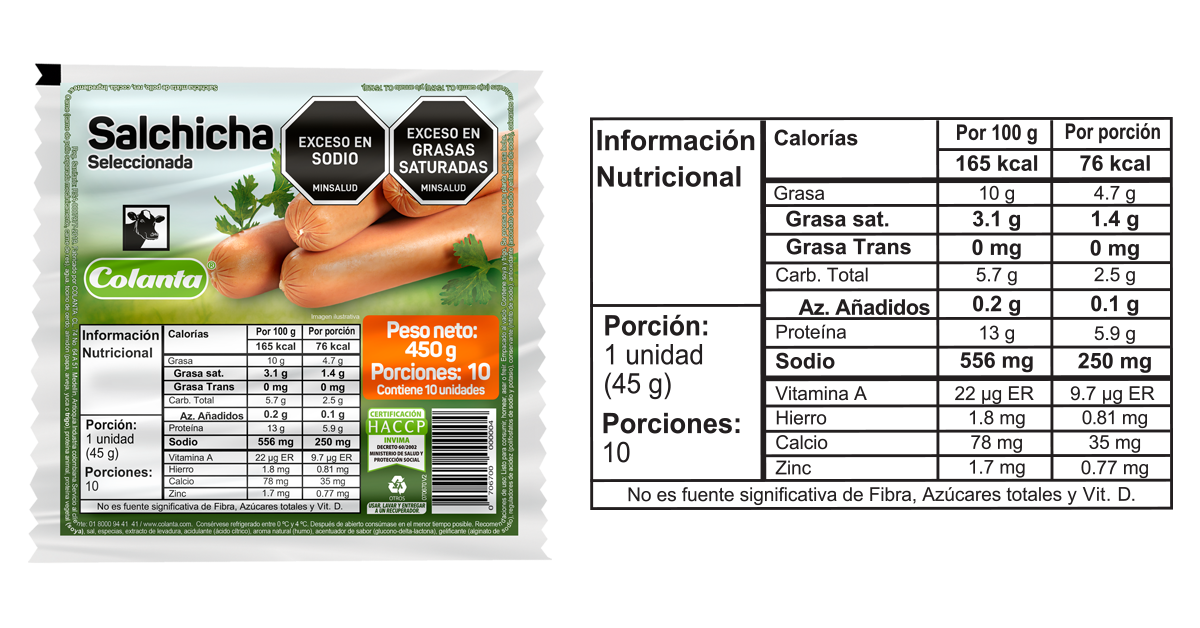 nueva Salchicha seleccionada 450g informacion nutricional
